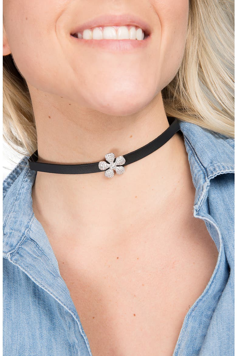 Pavé Crystal Flower Leather Choker Necklace, Alternate, color, BLACK