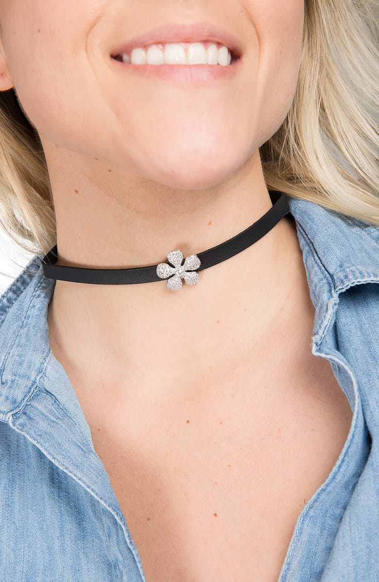 SAACHI Pavé Crystal Flower Leather Choker Necklace, Alternate, color, Black