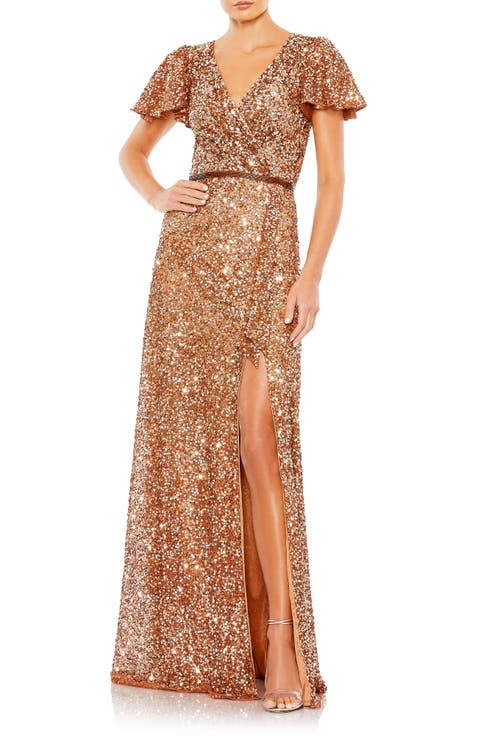 Sequined Wrap Over Butterfly Sleeve Draped Gown