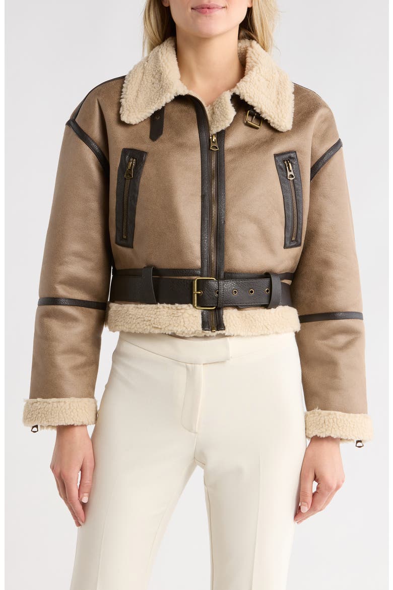 Faux Shearling Trim Jacket, Main, color, BEIGE/ CHOCOLATE