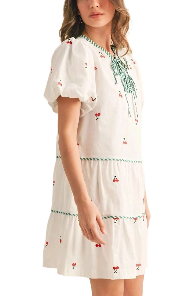 Knit and Lounge Cherry Embroidered Striped Puff Sleeve Tie Neck Tiered Mini Dress, Alternate, color, Cherry Embroidery
