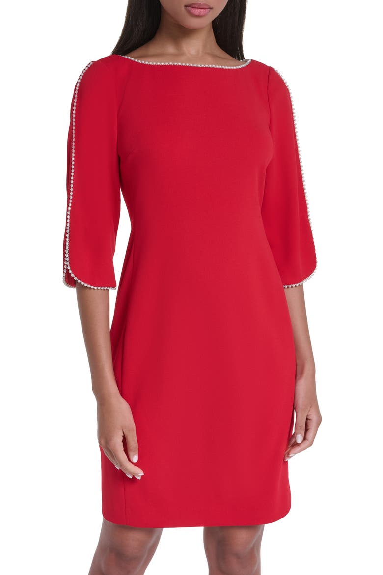 Pearly Bead Scuba Crepe Sheath Dress, Alternate, color, ADMIRAL RED