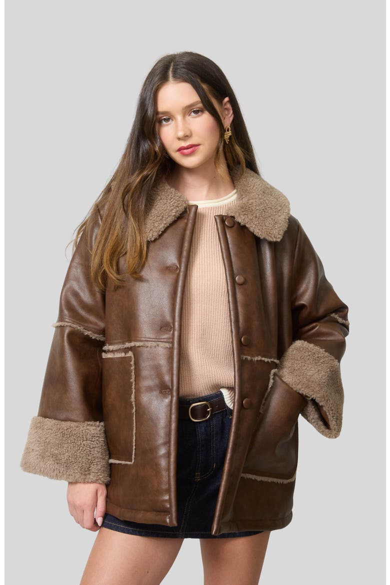 Faux Fur Trim Faux Leather Jacket, Alternate, color, BROWN