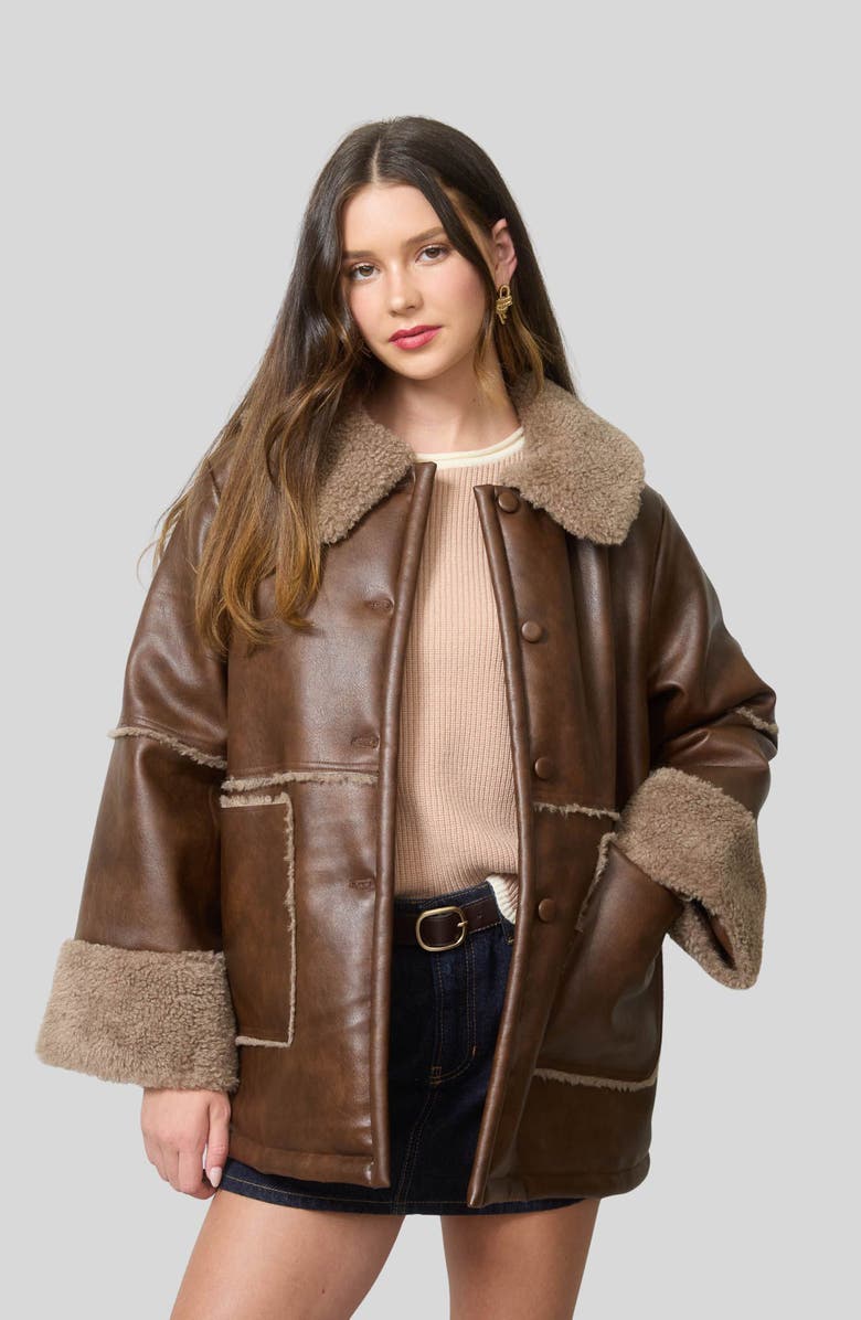 Blu Pepper Faux Fur Trim Faux Leather Jacket, Alternate, color, Brown