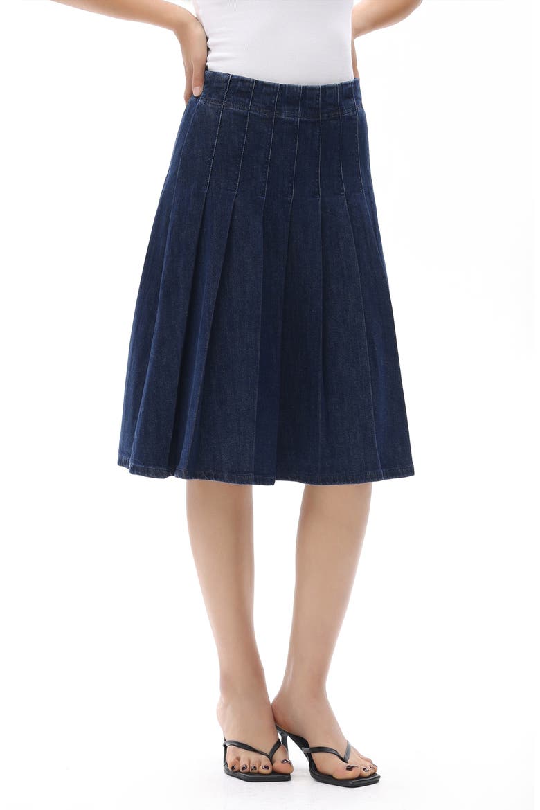 Pleated High Waist Denim Skirt, Alternate, color, DARK BLUE