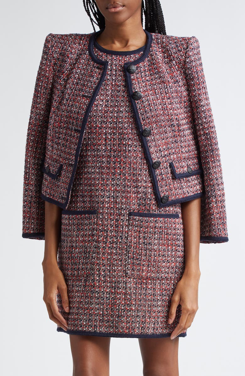 Veronica Beard Ceres Metallic Cotton Blend Tweed Jacket, Main, color, Red Blaze/Navy Multi