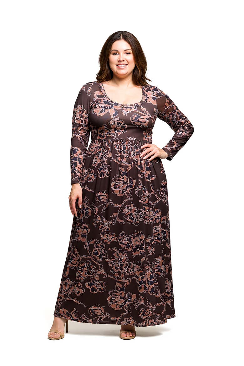 Floral Long Sleeve Scoop Neck Maxi Dress, Main, color, Brown Multi