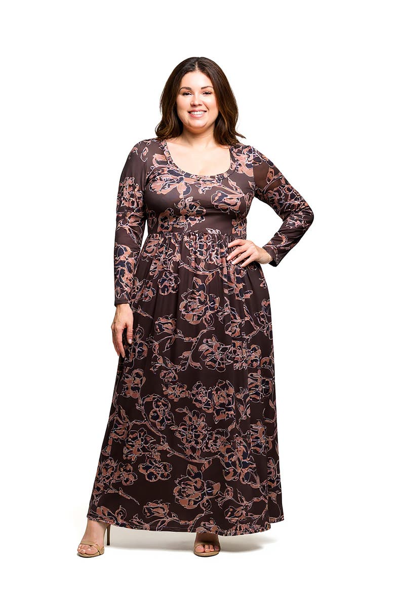 24seven Comfort Apparel Floral Long Sleeve Scoop Neck Maxi Dress, Main, color, Brown Multi