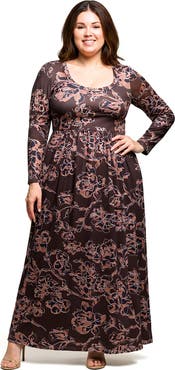 24seven Comfort Apparel Floral Long Sleeve Scoop Neck Maxi Dress