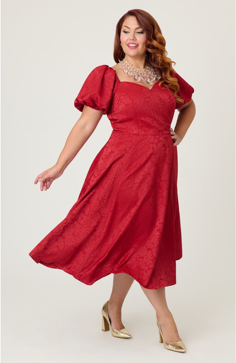 Unique Vintage Plus Size Jacquard Sweetheart Swing Dress, Alternate, color, Burgundy