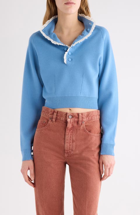 Lace Trim Half Placket Wool Sweater