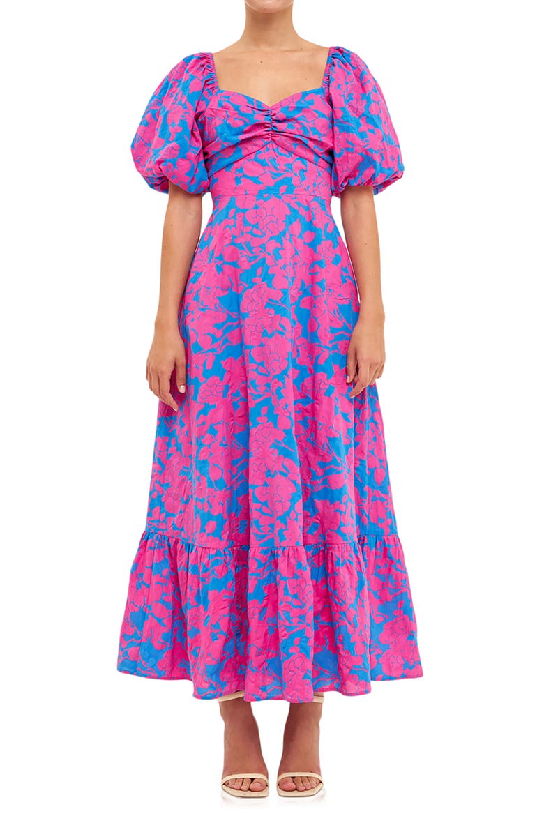 Floral Puff Sleeve Tie Back Maxi Dress, Alternate, color, BLUE/ FUCHSIA