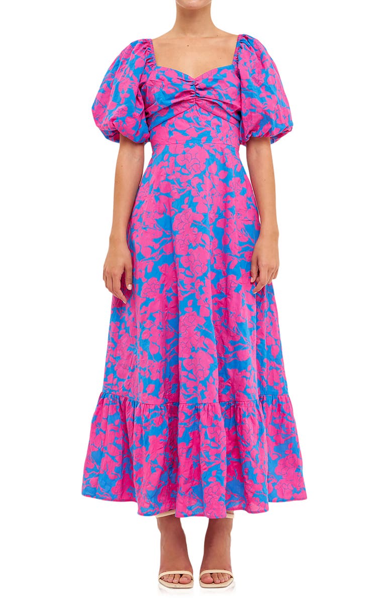 Free the Roses Floral Puff Sleeve Tie Back Maxi Dress, Alternate, color,