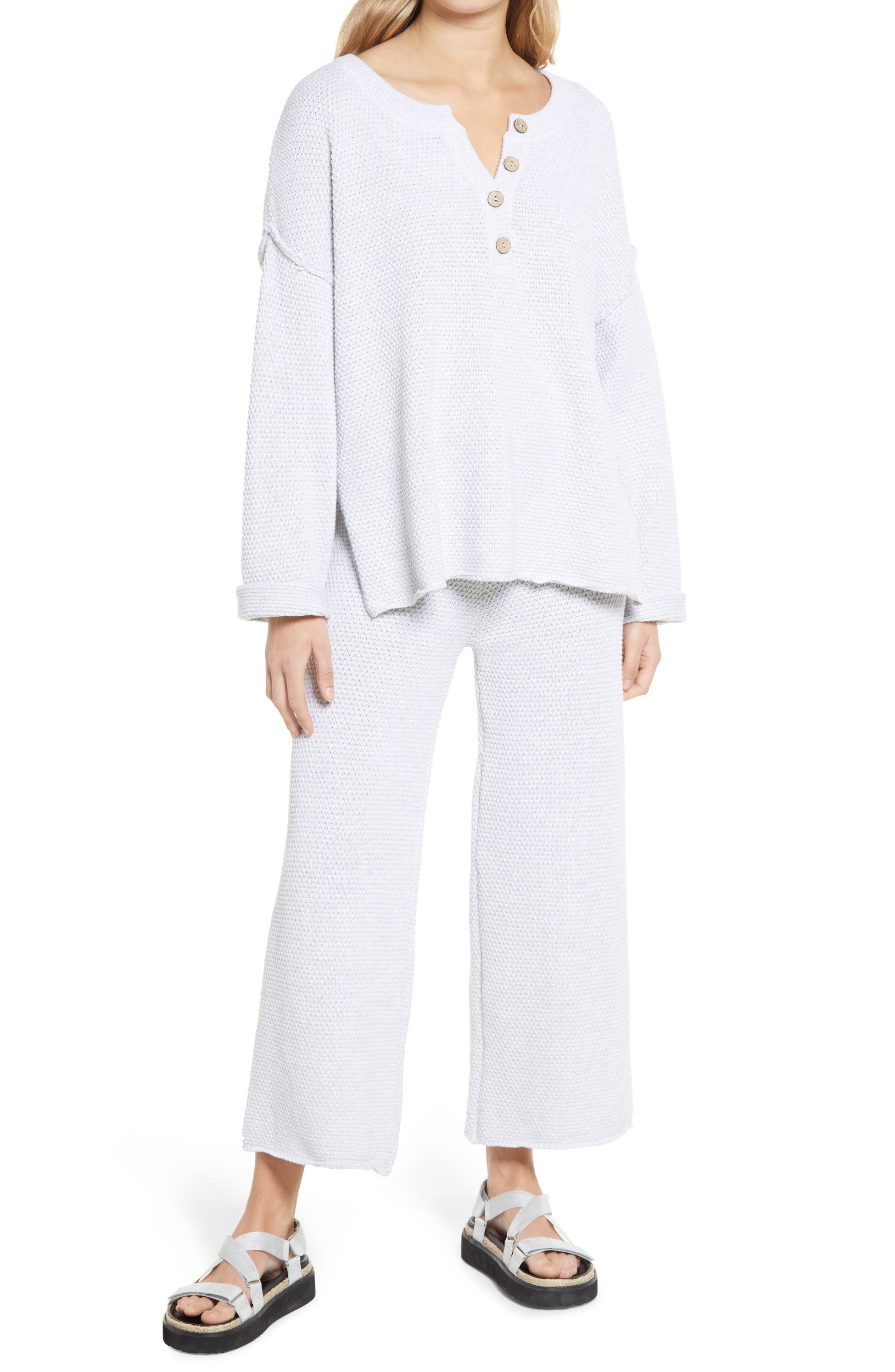 Free People free-est Hailee Waffle Stitch Long Sleeve Top & Wide Leg Pants Knit Set, Main, color, Ivory Heather