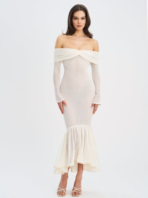 Miss Circle Kaedyn Off Shoulder Long Sleeve Crochet Mermaid Maxi Dress In Neutral