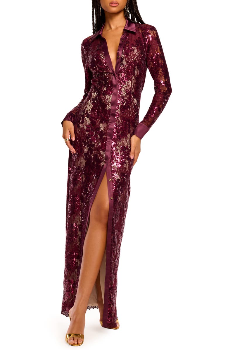 Ramy Brook Venia Long Sleeve Sequin & Lace Dress, Main, color, Blackberry Combo