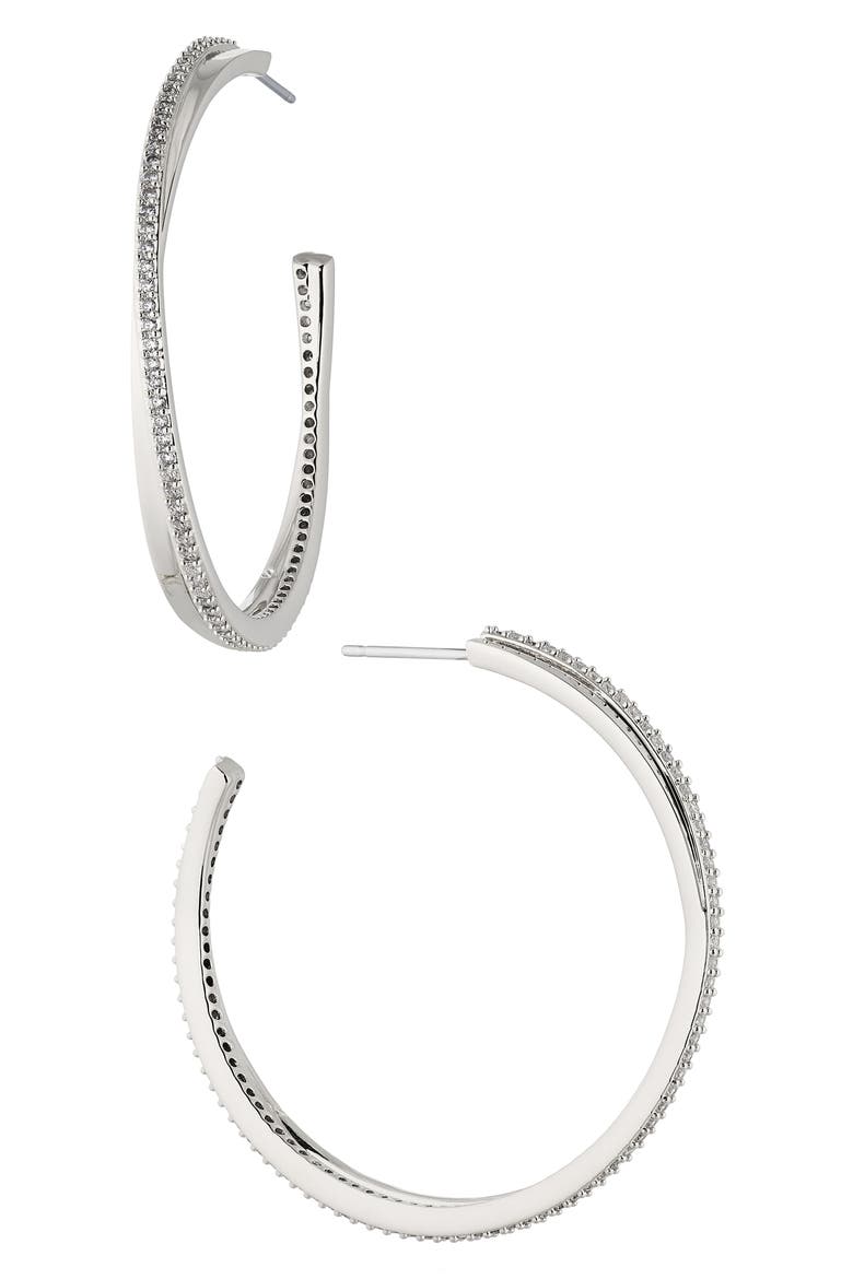 Disco Crossover Hoop Earrings, Main, color, RHODIUM
