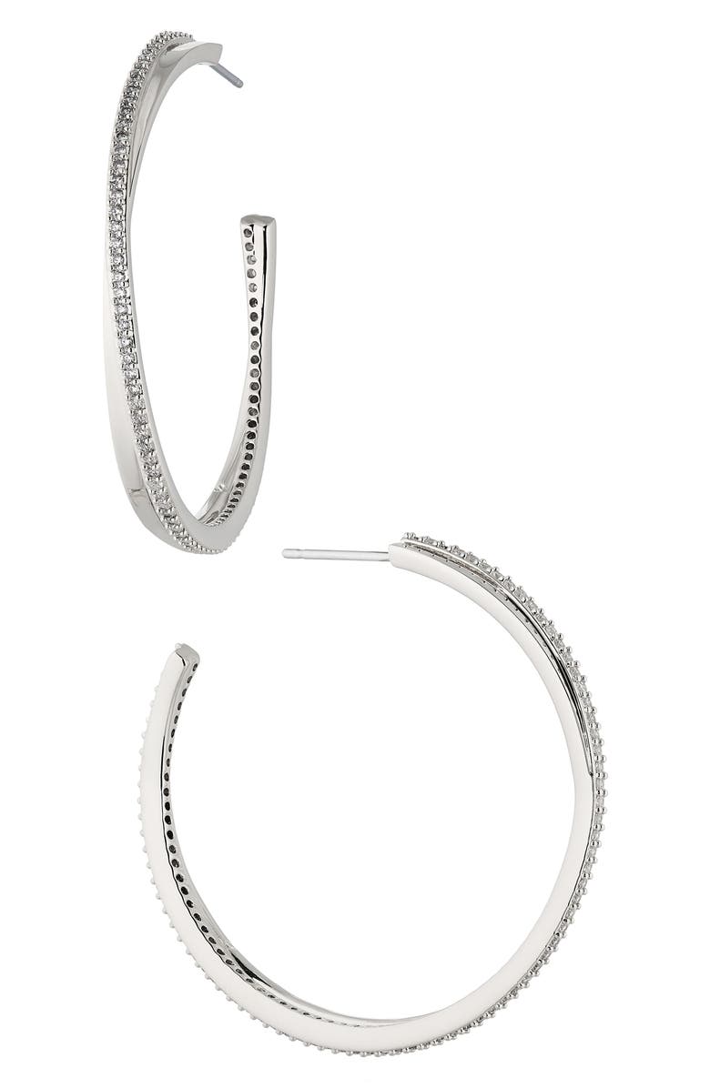Nadri Disco Crossover Hoop Earrings, Main, color, Rhodium