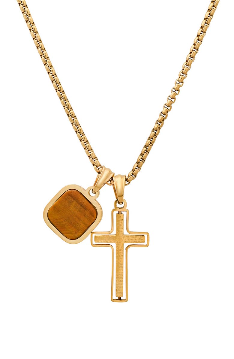 HMY JEWELRY Men's Cross & Tiger's Eye Pendant Necklace, Main, color, Gold Multi