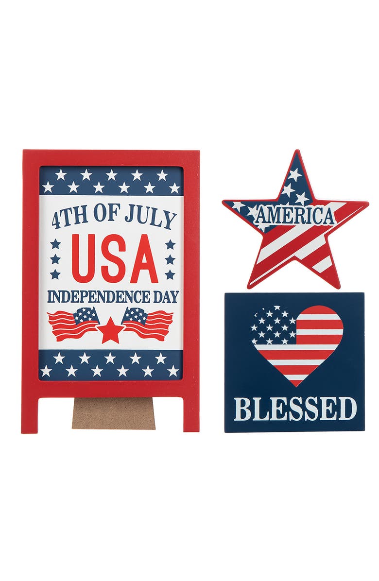 Glitzhome Set of 3 Patriotic Americana Wooden Block Table Sign, Main, color, 