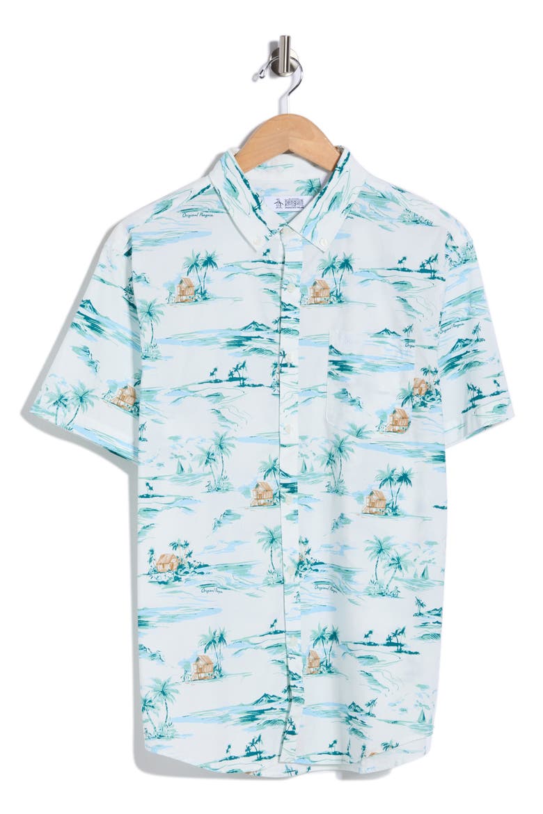 Beach Scene Short Sleeve Button-Down Shirt, Alternate, color, BRIGHT WHITE