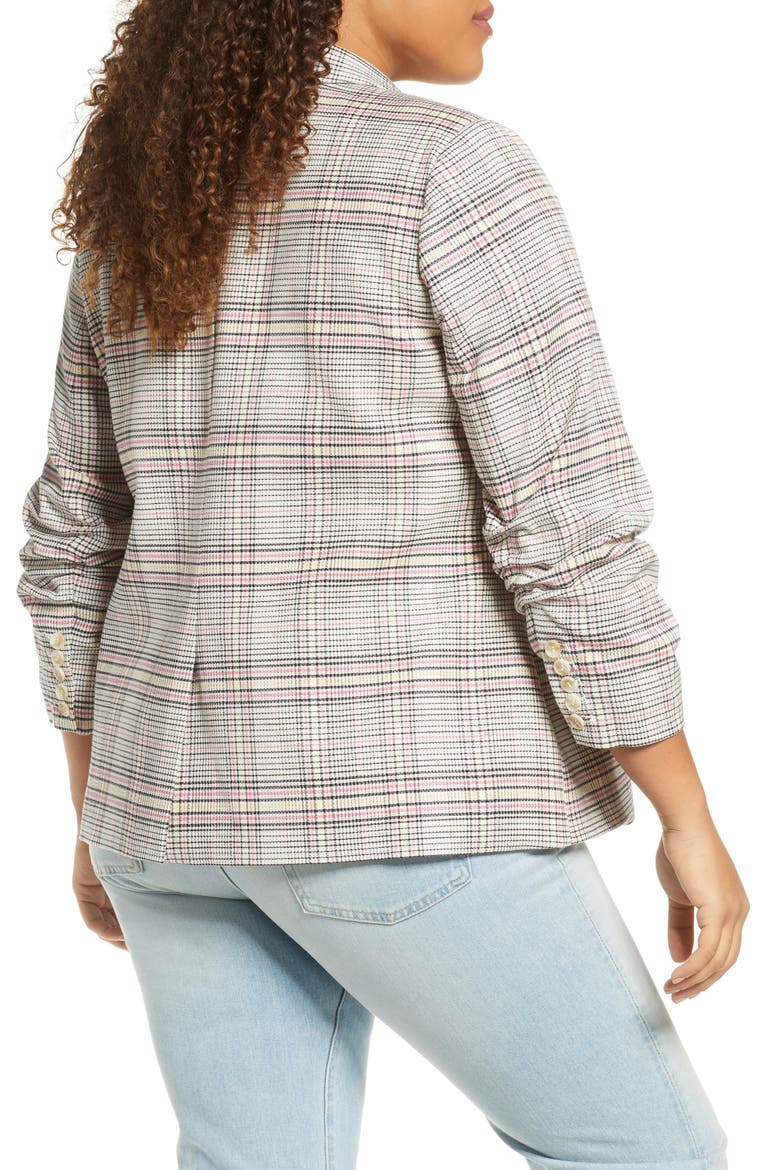 Cassia Ruched Sleeve Plaid Blazer, Alternate, color, CHERRY BLOSSOM