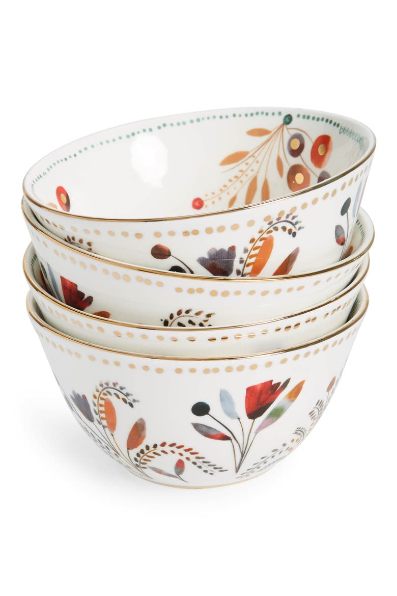 Pheasant Moths Set of 4 Bowls, Main, color, WHITE