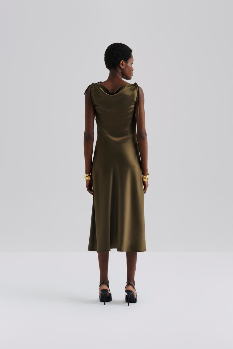 Zarea Tie Satin Midi Dress, Alternate, color, Olive