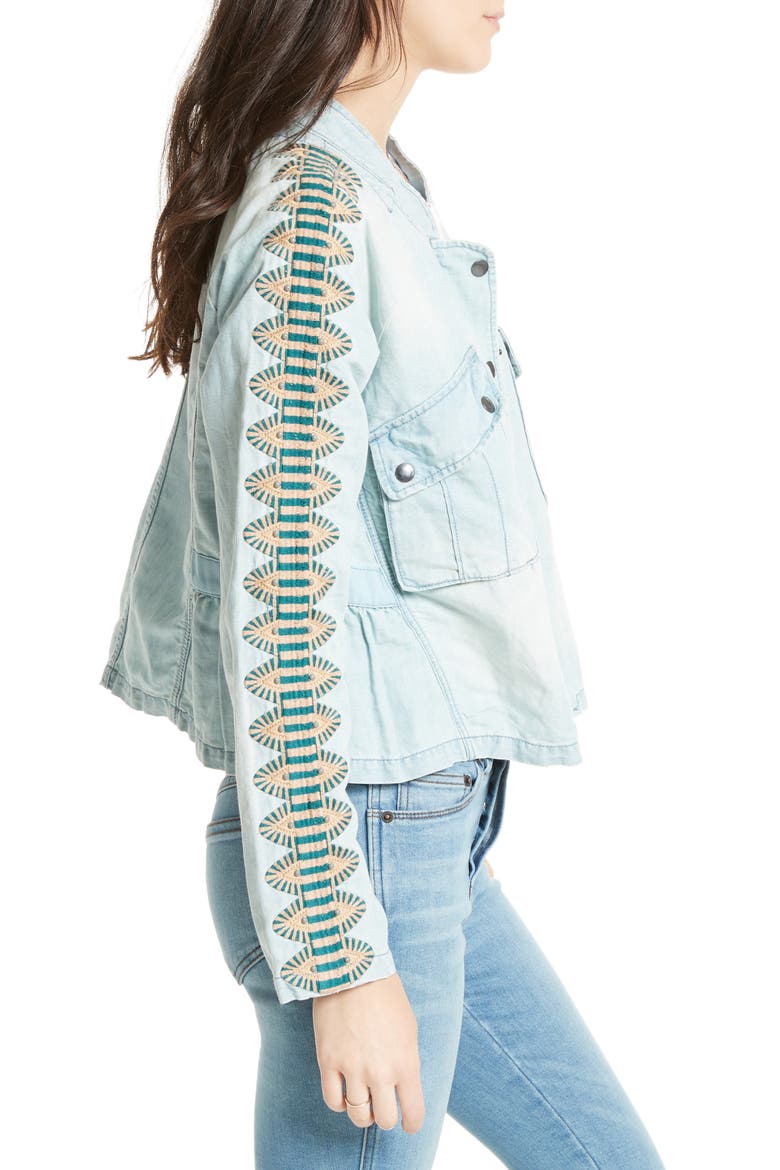 Embroidered Linen & Cotton Jacket, Alternate, color, BLUE