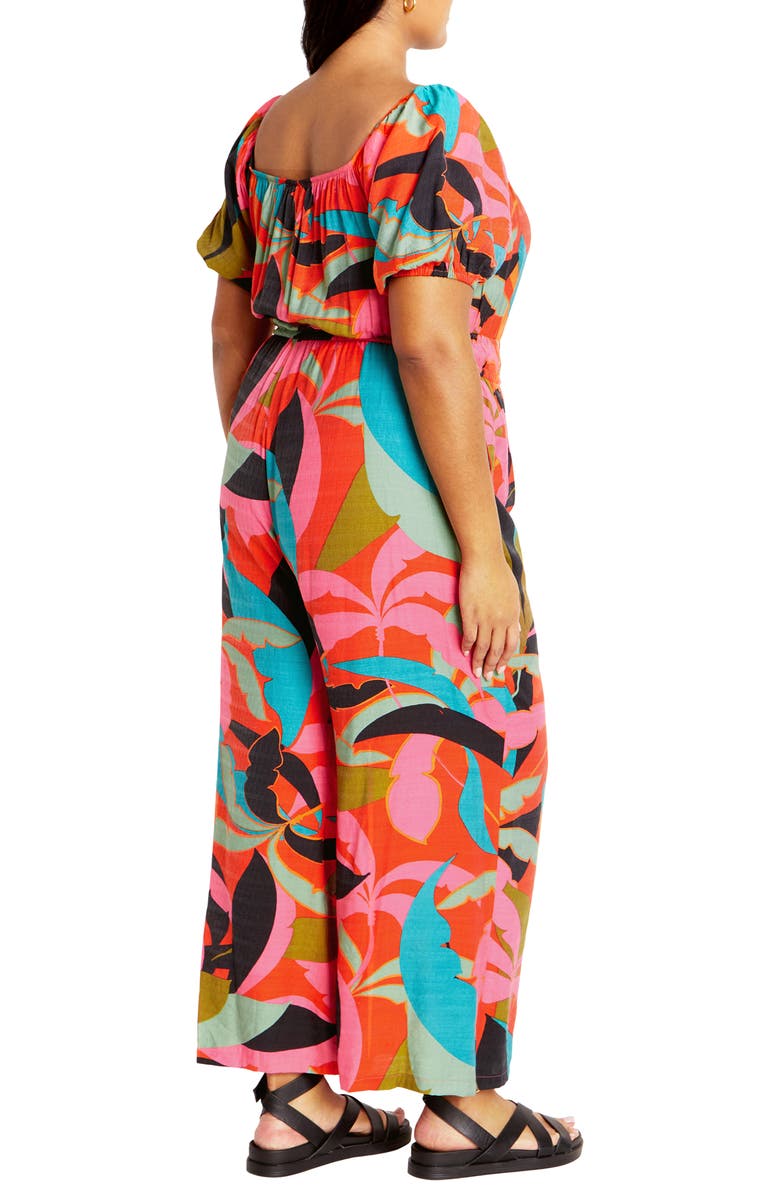 City Chic Erica Palm Print Wide Leg Jumpsuit, Alternate, color, Red Barbados