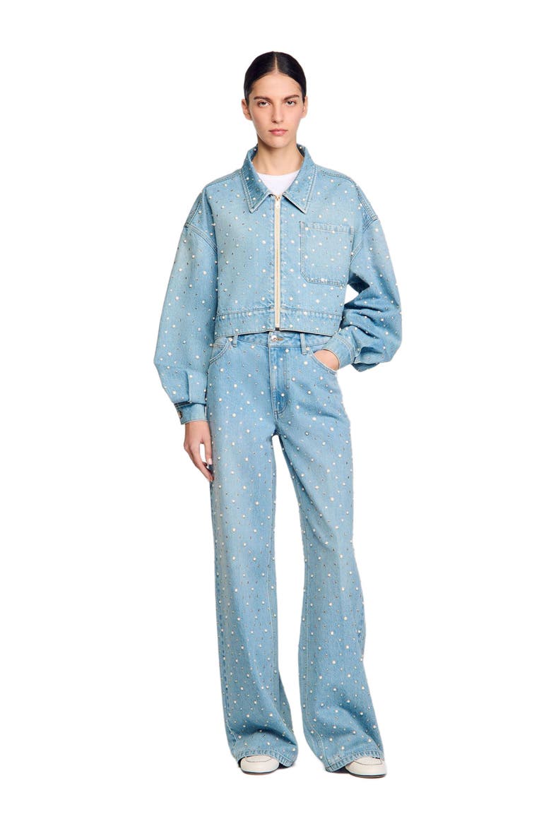 Beaded and rhinestone denim jacket, Alternate, color, Blue jean