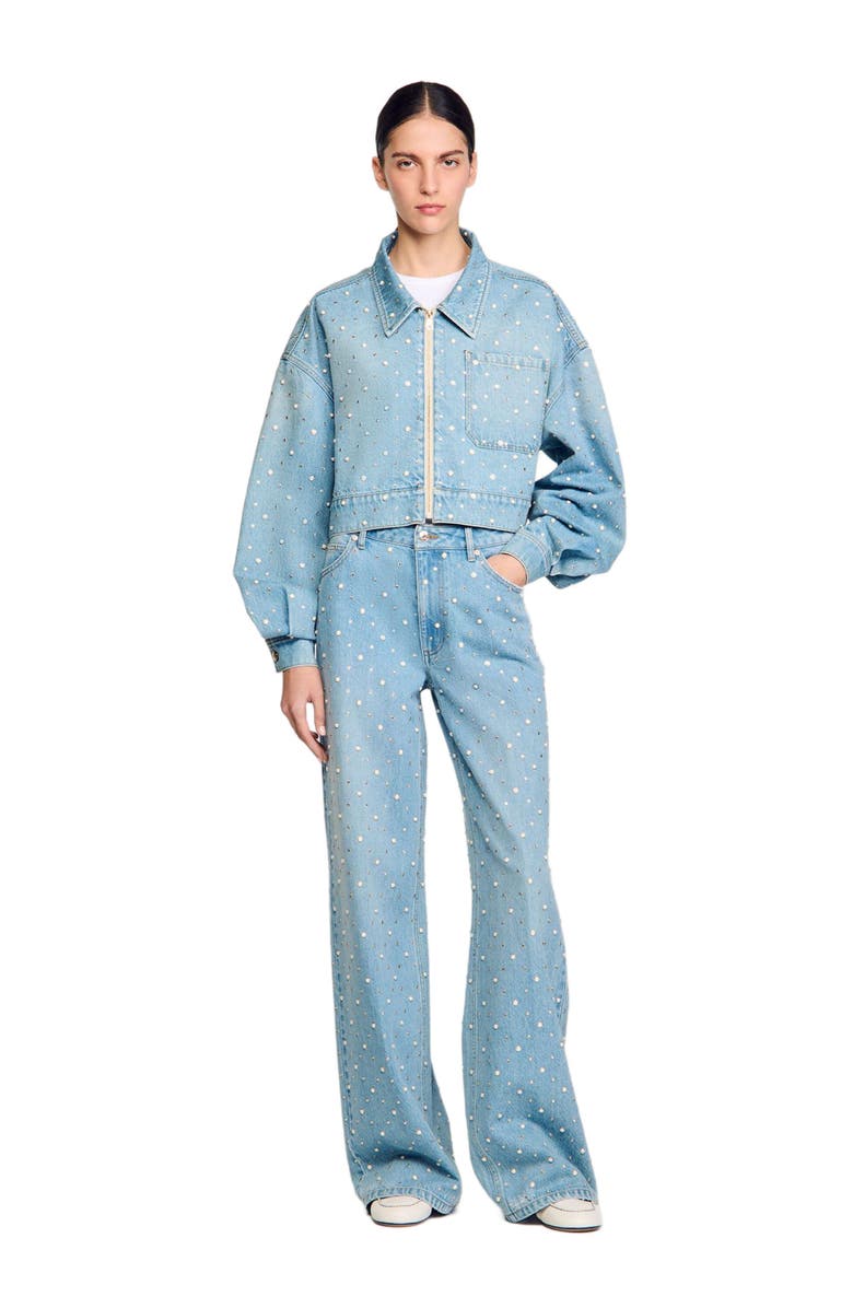 SANDRO Beaded and rhinestone denim jacket, Alternate, color,