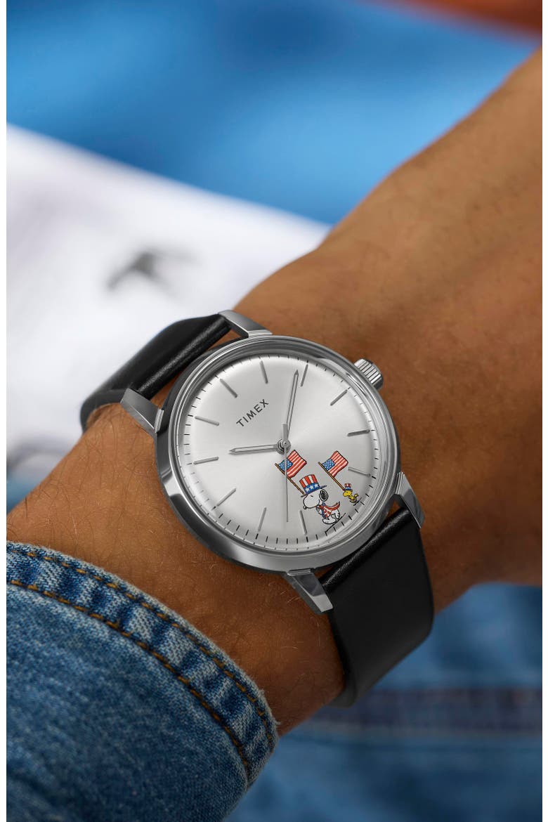 Peanuts® x Timex Marlin® Automatic Americana 40mm Leather Strap Watch, Alternate, color, SILVER-TONE