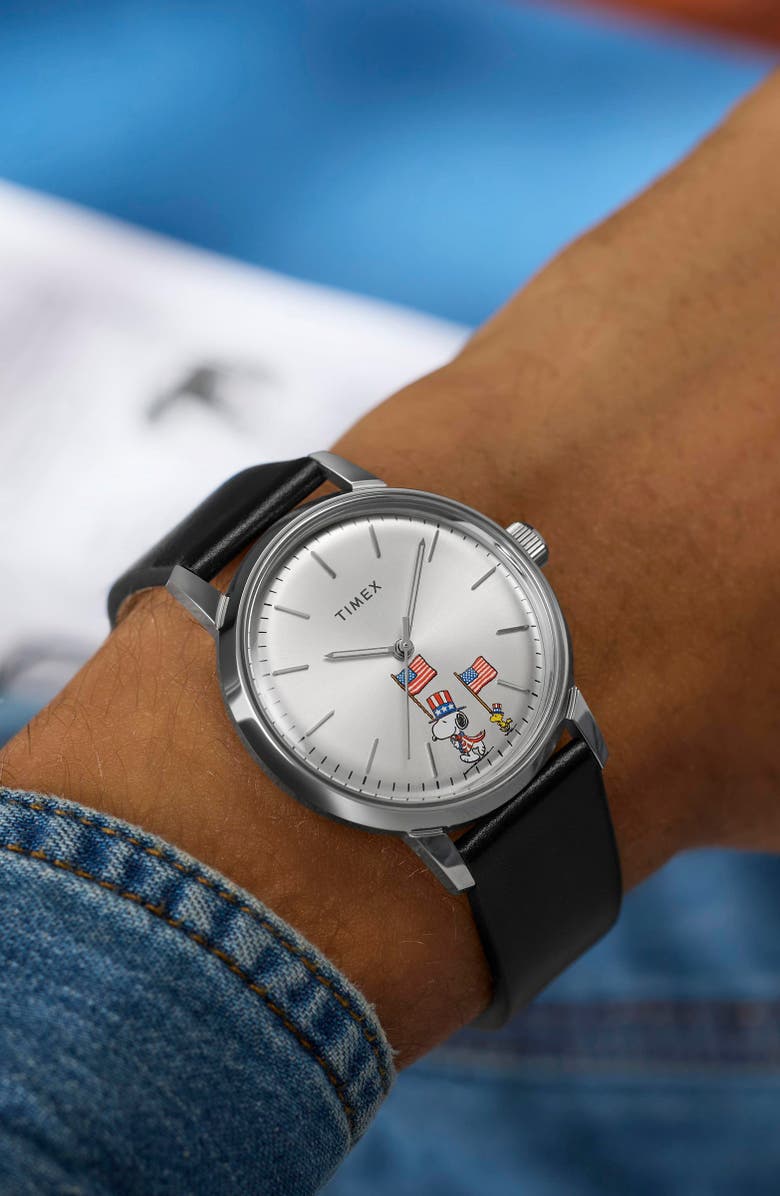Timex<sup>®</sup> Peanuts<sup>®</sup> x Timex Marlin<sup>®</sup> Automatic Americana 40mm Leather Strap Watch, Alternate, color, Silver-Tone