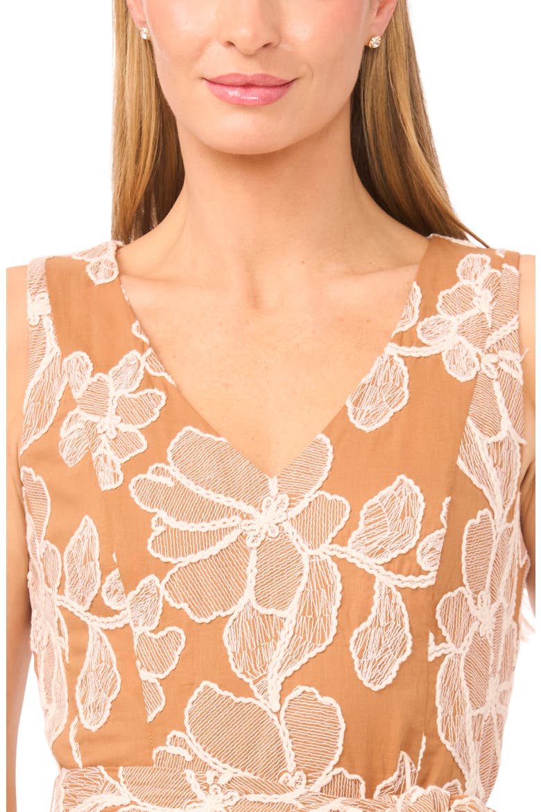 Elana Floral Embroidered Sleeveless Midi Dress, Alternate, color, ALMOND