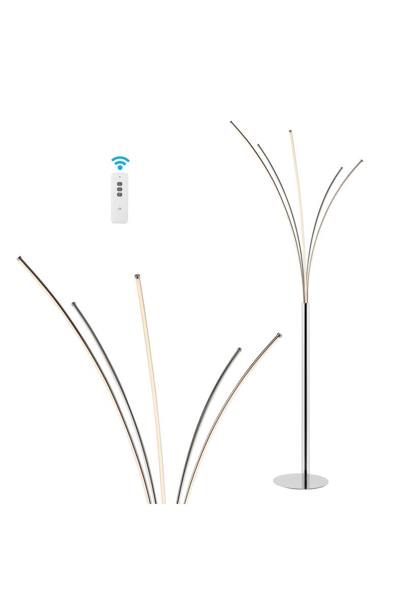 JONATHAN Y Fuochi Modern Minimalist Metal 5-Branch Arc Dimmable Integrated LED Floor Lamp with Remote Control, Main, color, Chrome