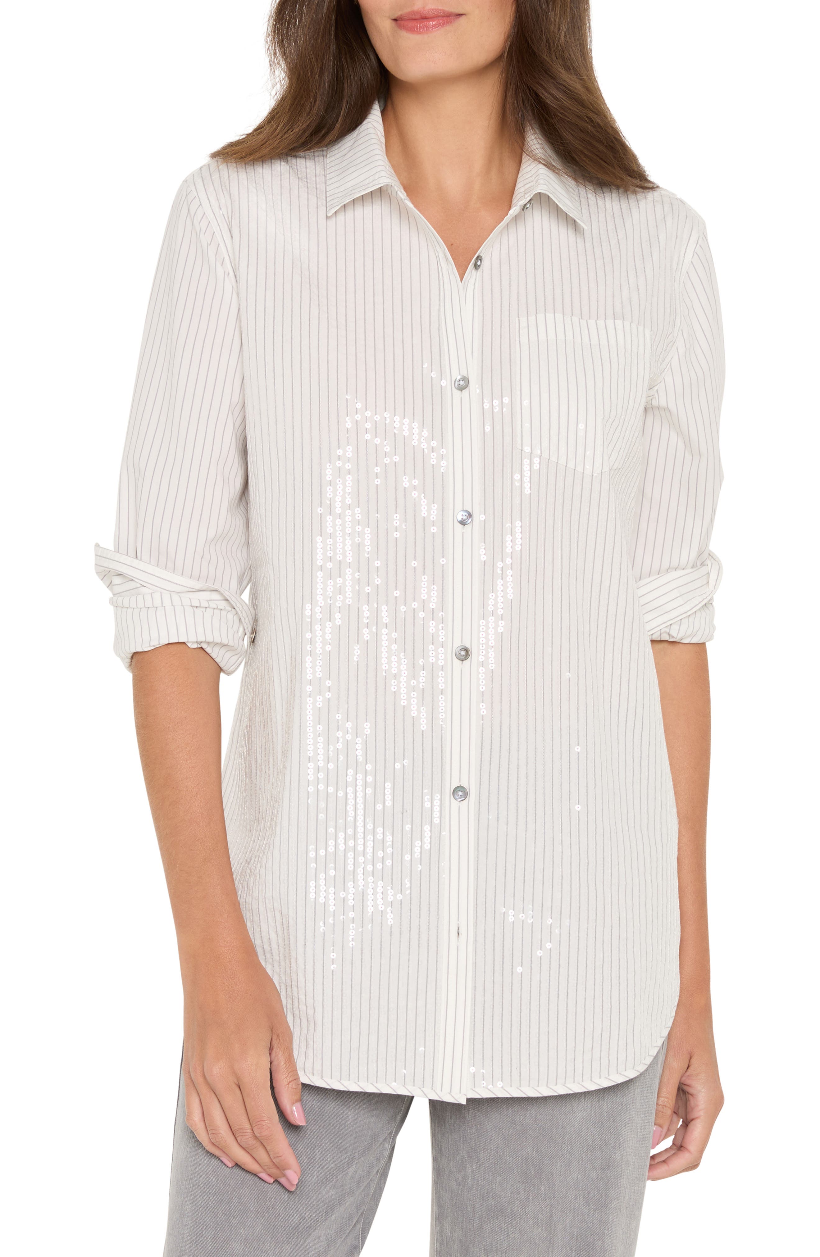 Subtle Shine Sequin Stripe Button-Up Shirt