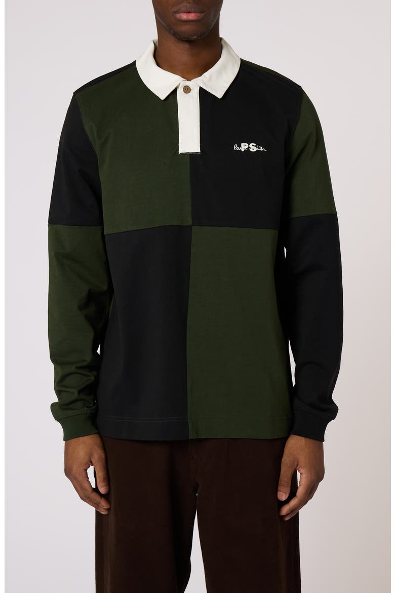 Colorblock Long Sleeve Polo, Main, color, BLACK