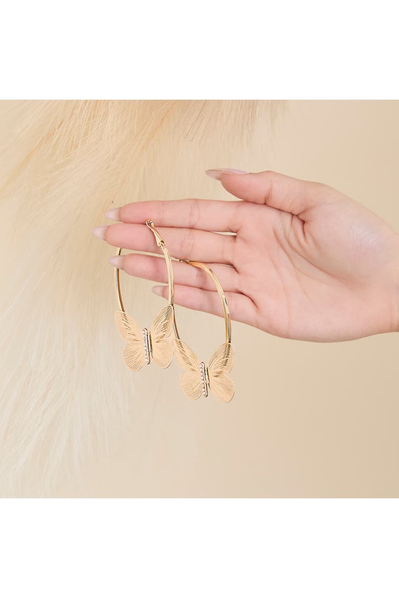 Butterfly Hoop Earrings with Clear Crystal, Alternate, color, Gold