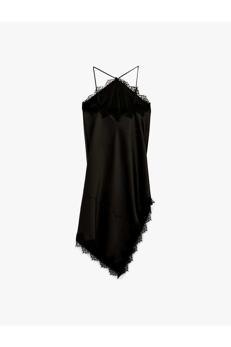 Asymmetric Lace Trim Satin Slip Dress, Alternate, color, BLACK