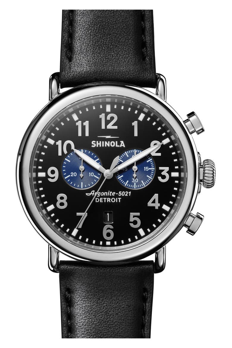The Runwell Chrono Leather Strap Watch, 47mm, Main, color, BLACK/ SILVER