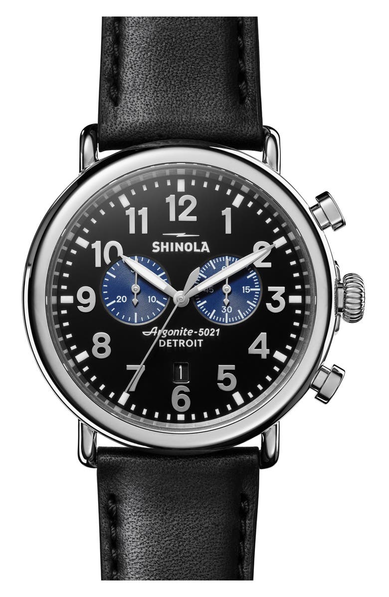 Shinola The Runwell Chrono Leather Strap Watch, 47mm, Main, color, Black/ Silver