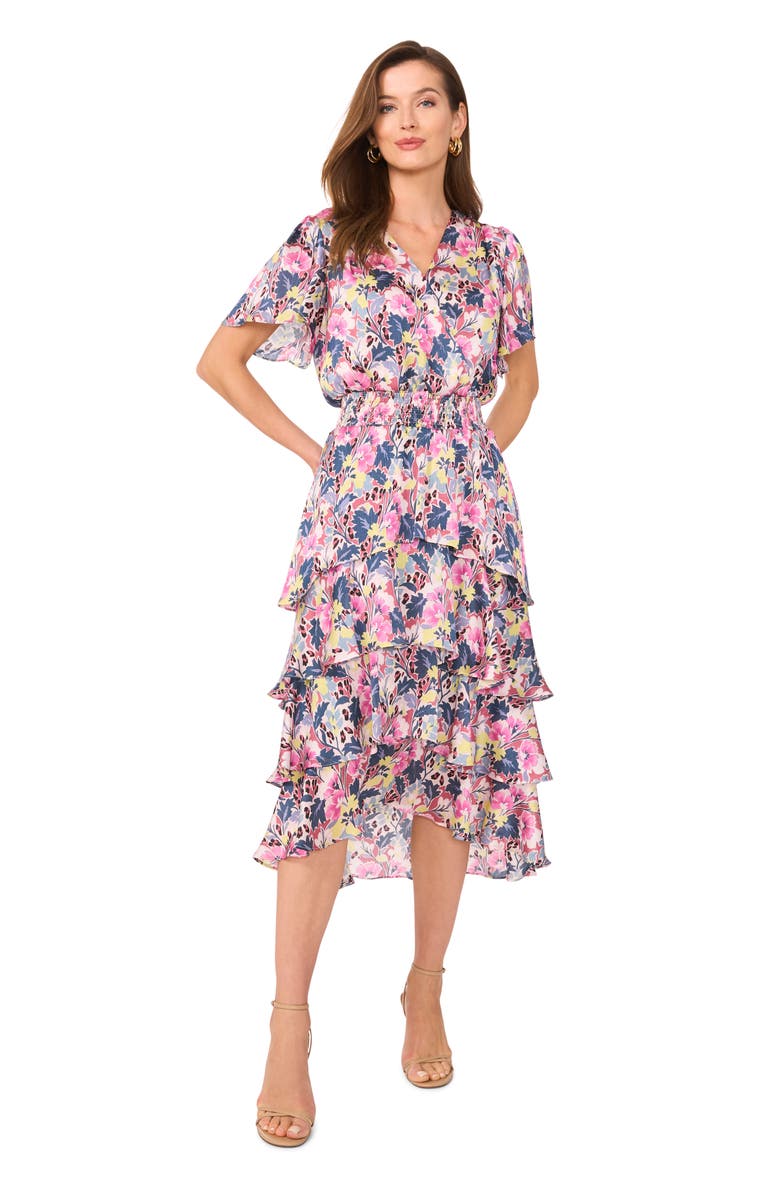 Vince Camuto Floral Tiered Flutter Sleeve Midi Dress, Alternate, color, 
