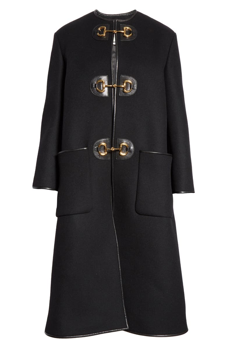 Gucci Horsebit Toggle Leather Trim Wool Blend Military Coat, Alternate, color, 