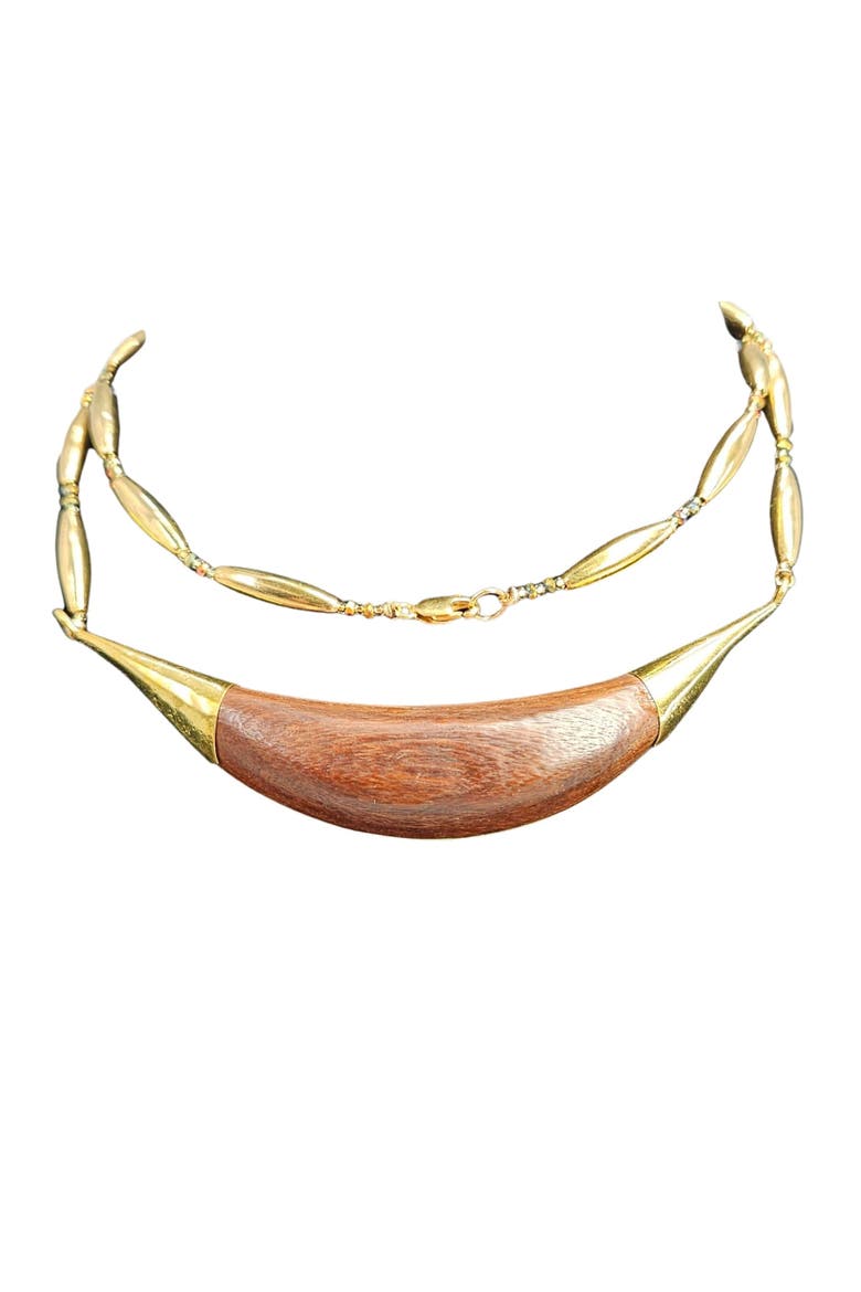 Vintage 1970s Reversible Abalone Shell and Wood Inlay Crescent Necklace, Alternate, color, Gold