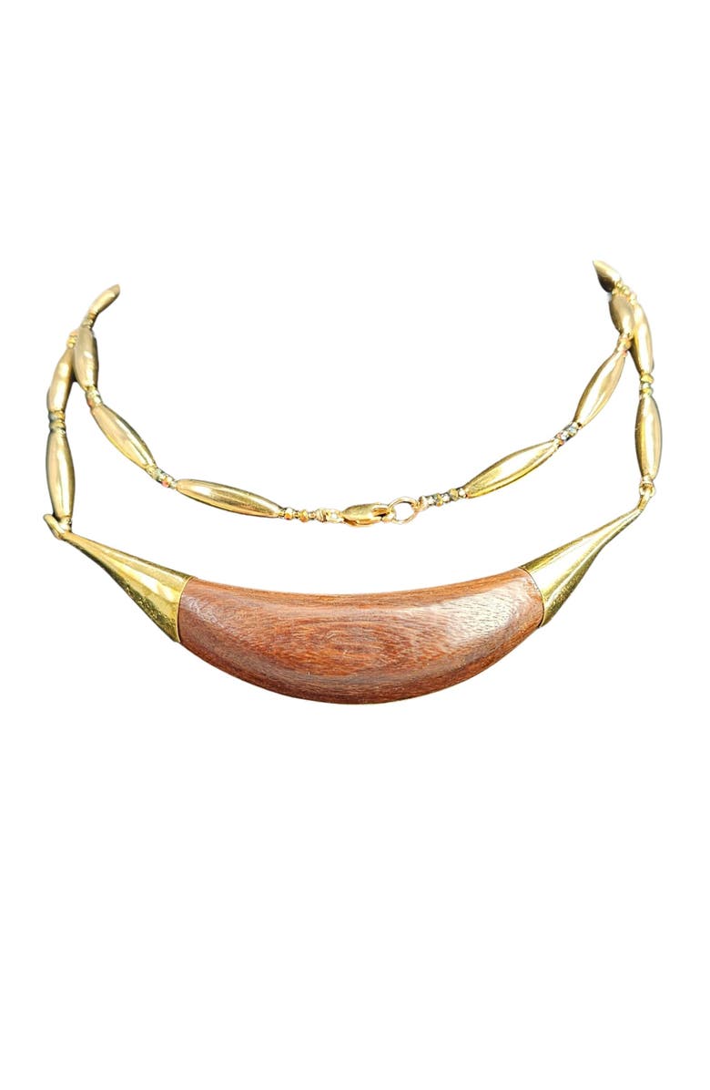 MADISON BEVERLY HILLS Vintage 1970s Reversible Abalone Shell and Wood Inlay Crescent Necklace, Alternate, color, Gold