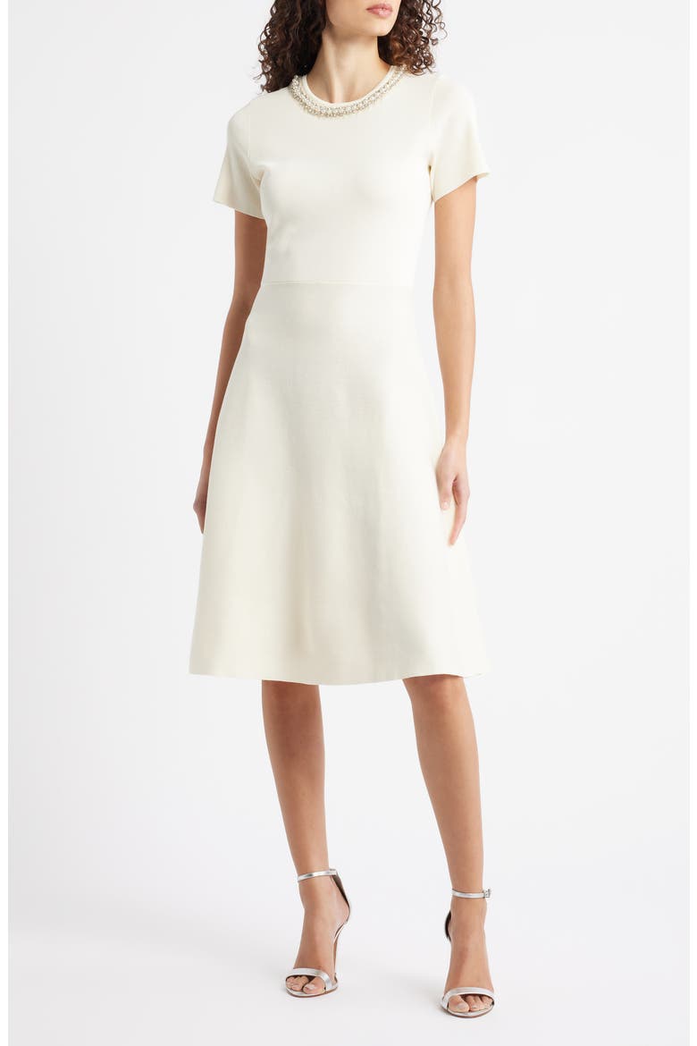 Embellished Knit Fit & Flare Dress, Main, color, CREAM