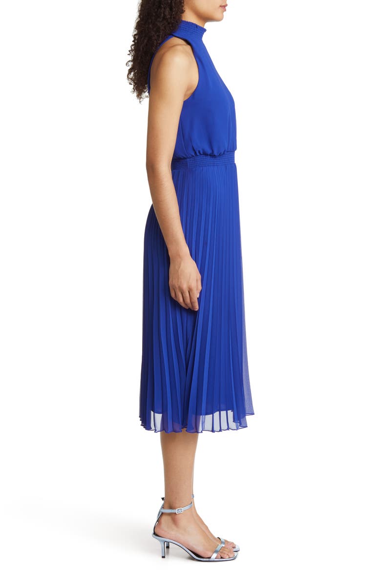 Smocked Plissé Midi Dress, Alternate, color, COBALT