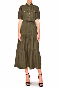 MELLODAY Puff Sleeve Linen Blend Maxi Shirtdress
