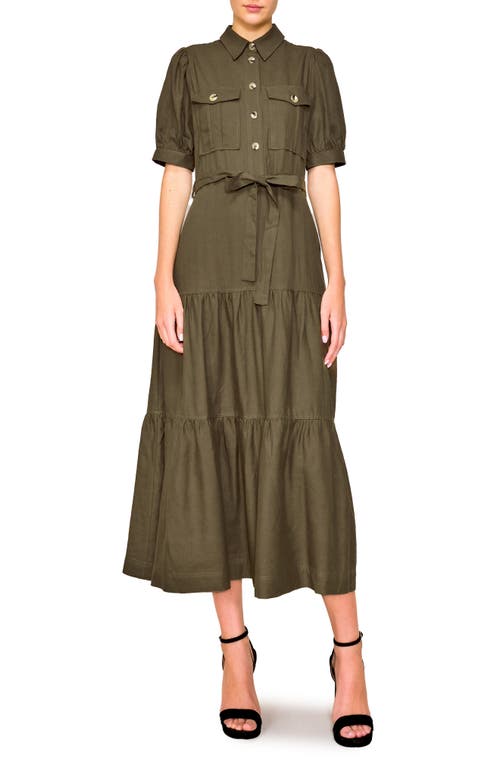 Melloday Puff Sleeve Linen Blend Maxi Shirtdress In Olive
